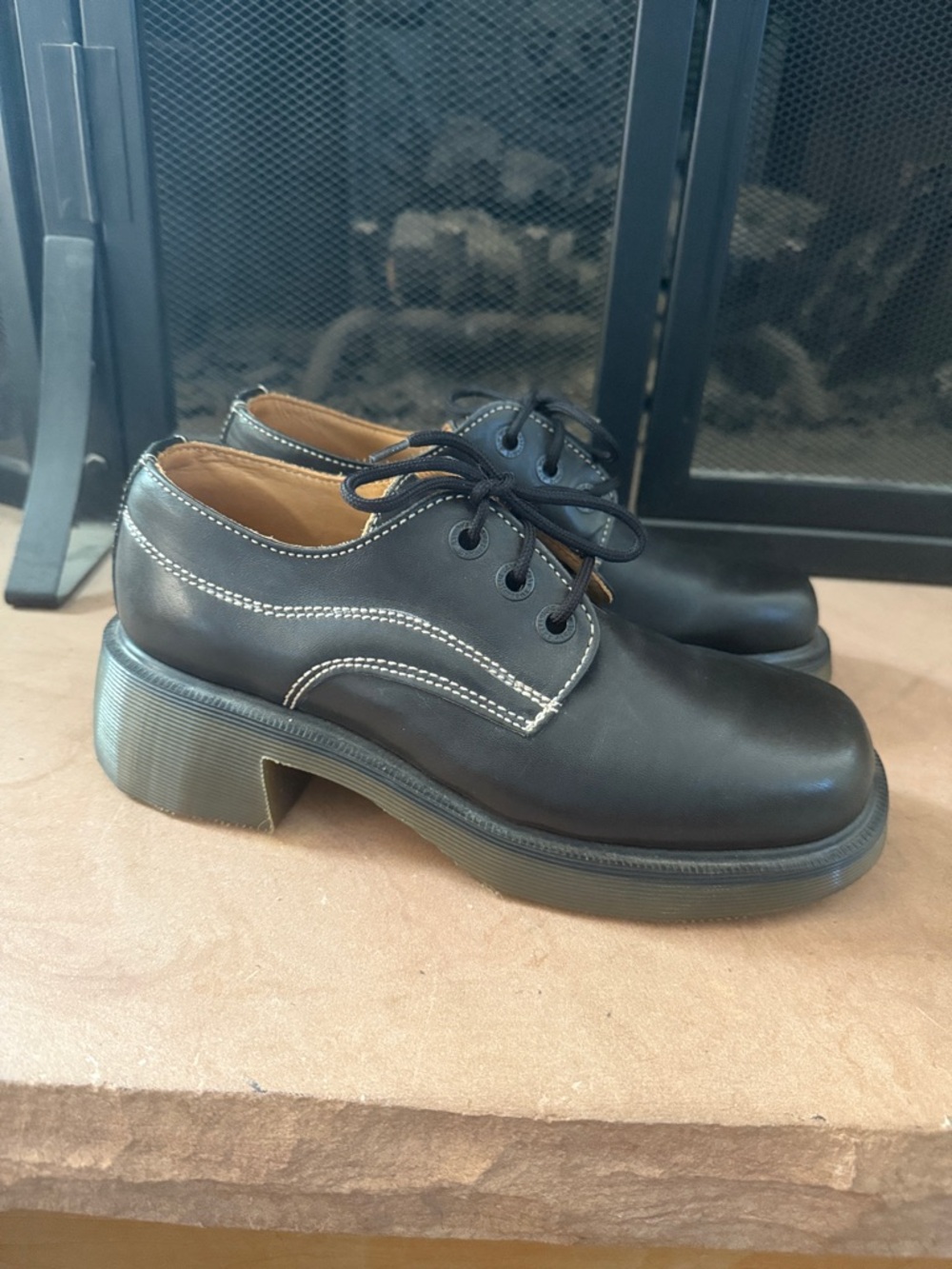 VTG 90s Dr. Martens Black Square Toe Leather Derby Shoes UK5 Jazz MIE Chunky